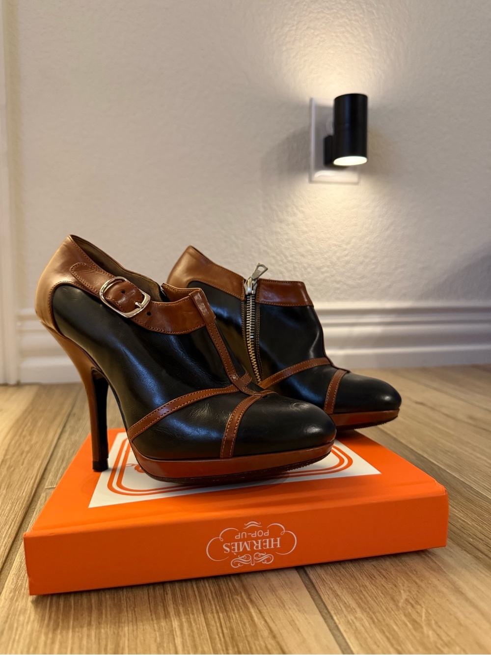Vintage/Archival Leather Two-Tone Ankle Booties / Platform Heeled Booties